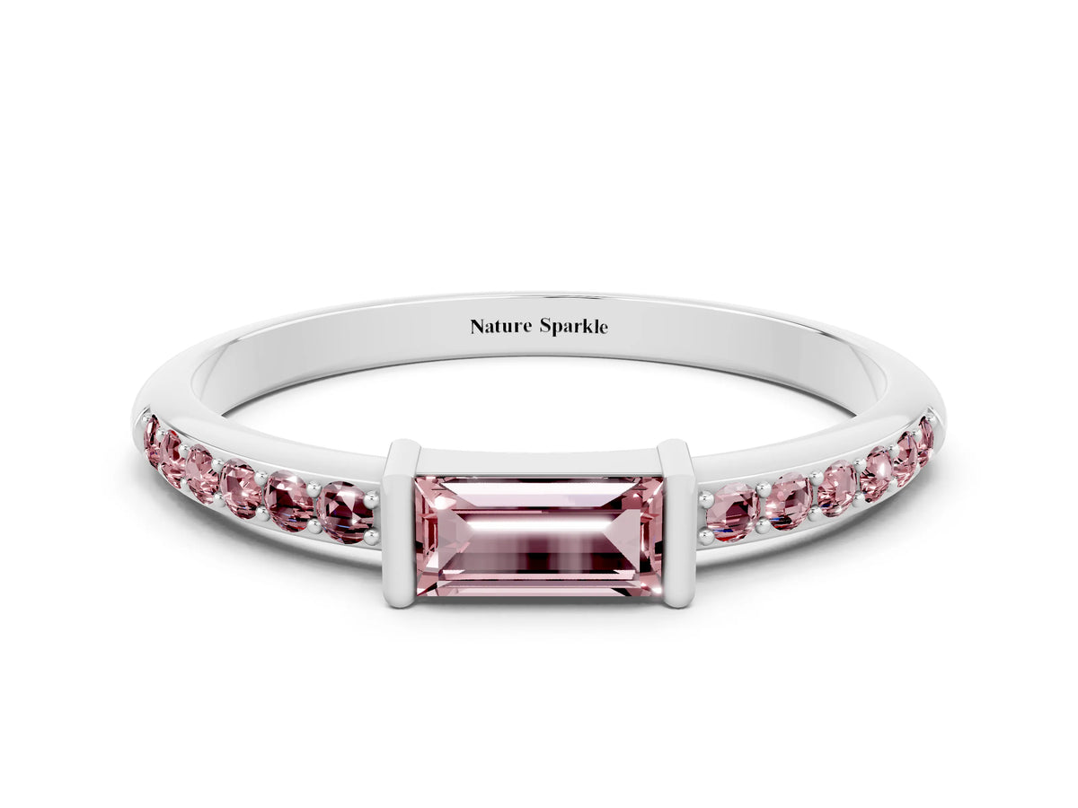 Baguette Morganite Pavé Band in Silver with Bar Setting