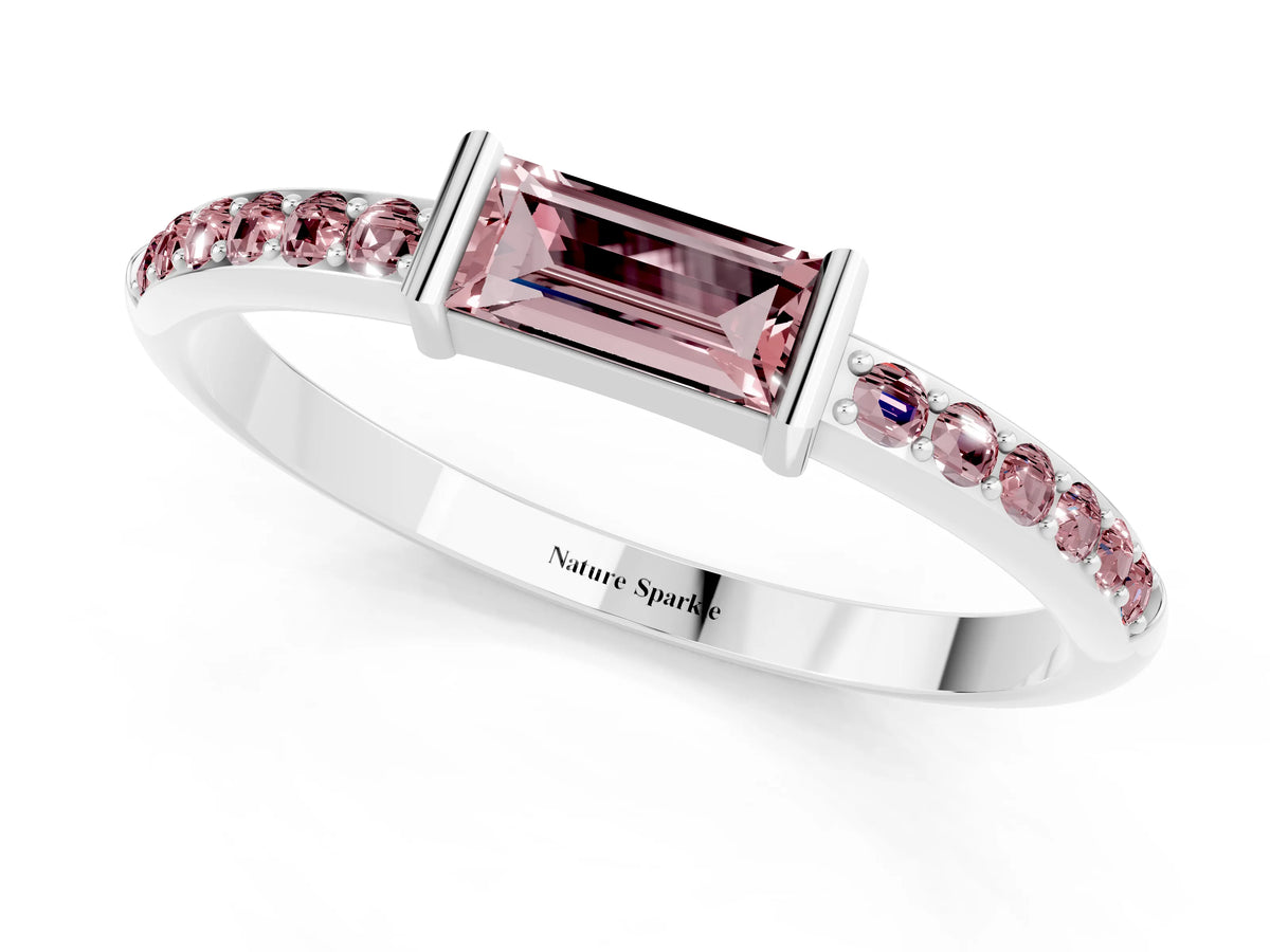 Baguette Morganite Pavé Band in Silver with Bar Setting_1