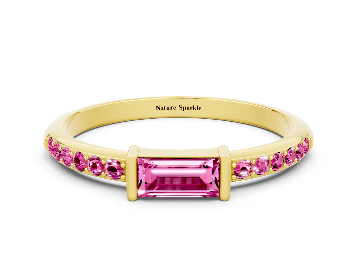 Baguette Pink Sapphire Pavé Band in Yellow gold with Bar Setting