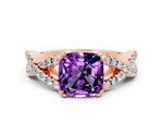 Cushion Cut Amethyst Solitaire Ring in Rose gold with Interwoven Pavé Band and Prong Setting