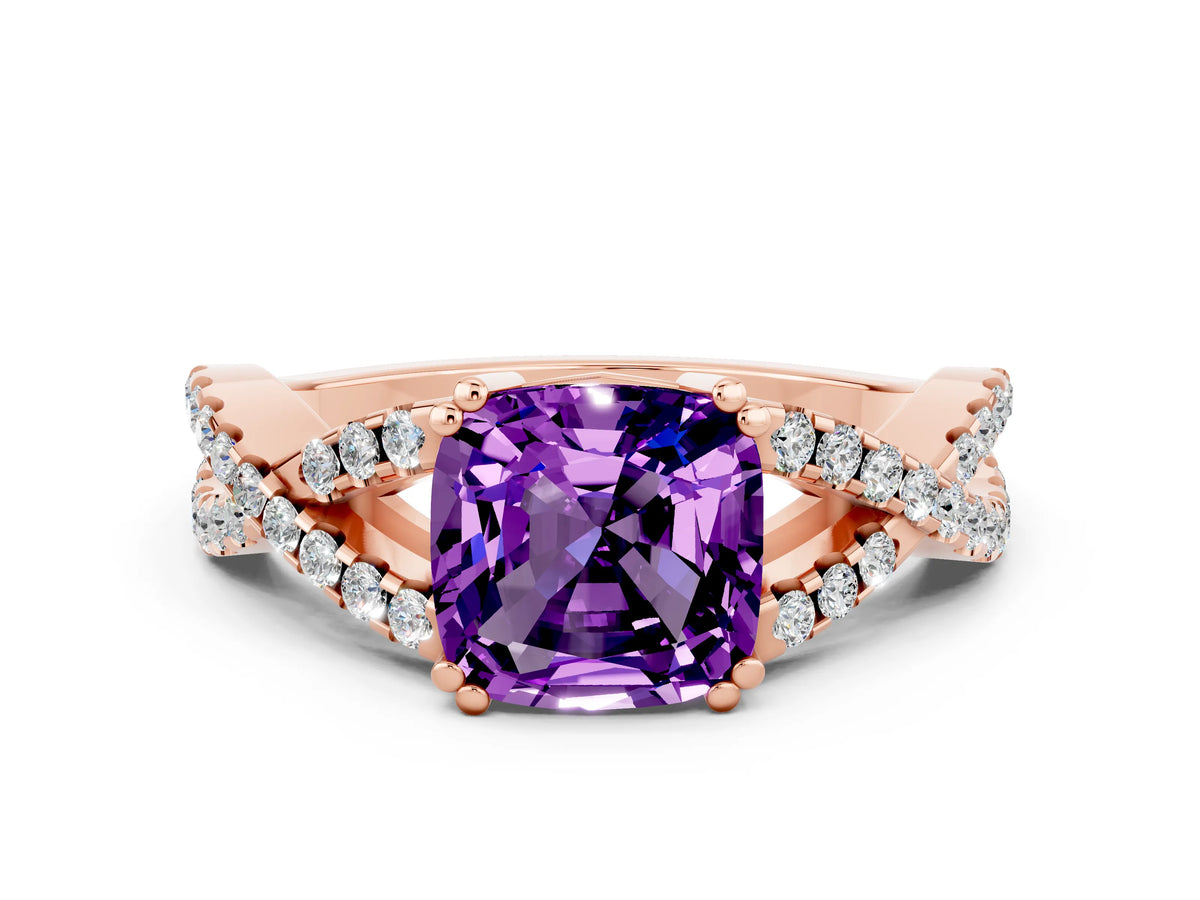 Cushion Cut Amethyst Solitaire Ring in Rose gold with Interwoven Pavé Band and Prong Setting