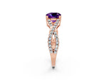 Cushion Cut Amethyst Solitaire Ring in Rose gold with Interwoven Pavé Band and Prong Setting_2