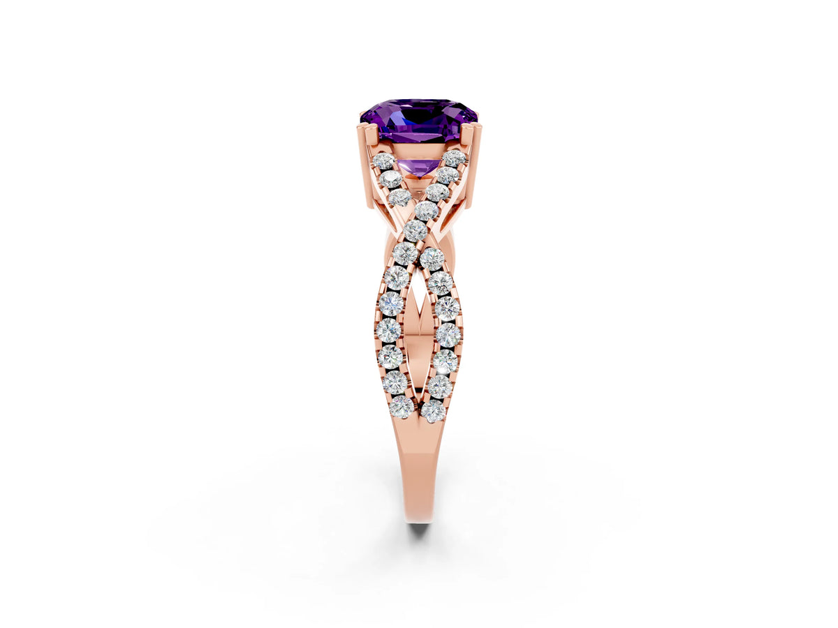 Cushion Cut Amethyst Solitaire Ring in Rose gold with Interwoven Pavé Band and Prong Setting_2