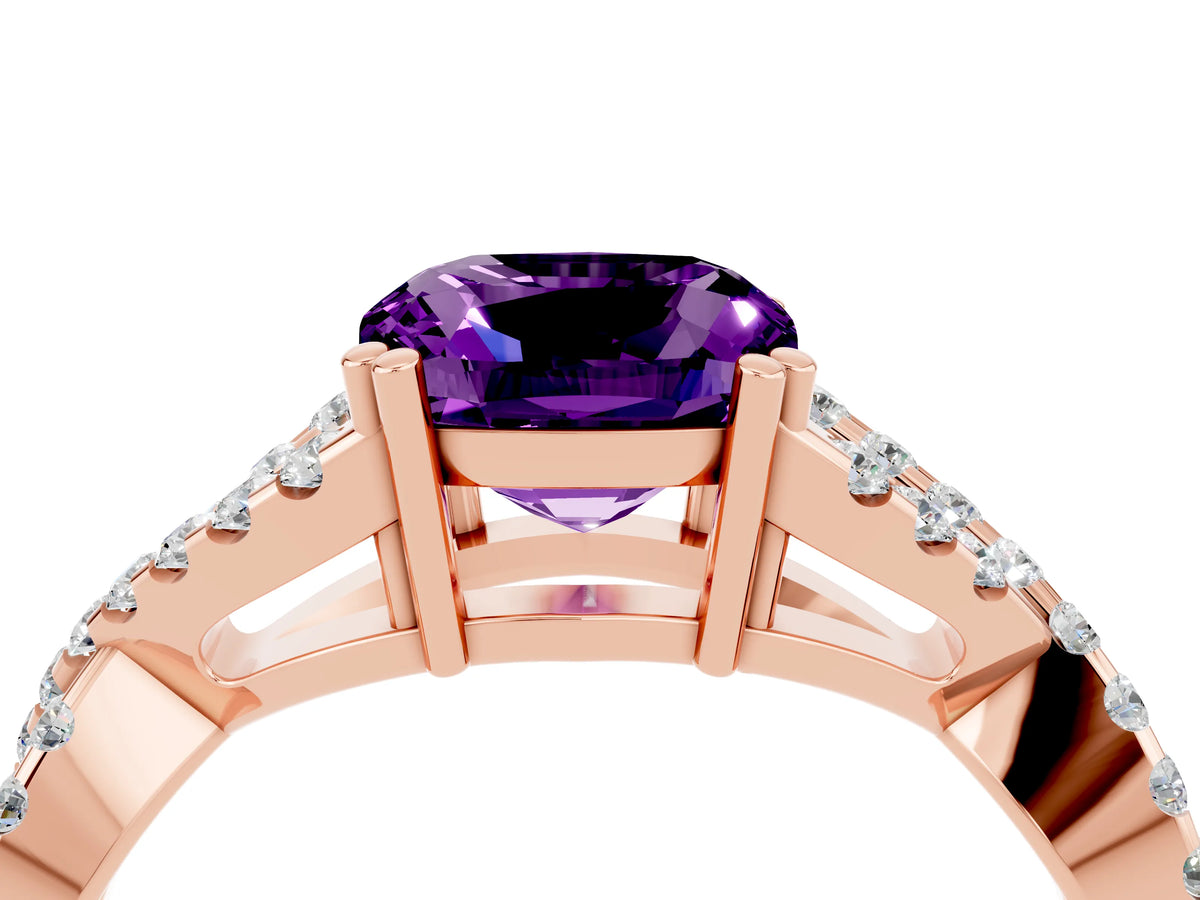 Cushion Cut Amethyst Solitaire Ring in Rose gold with Interwoven Pavé Band and Prong Setting_4