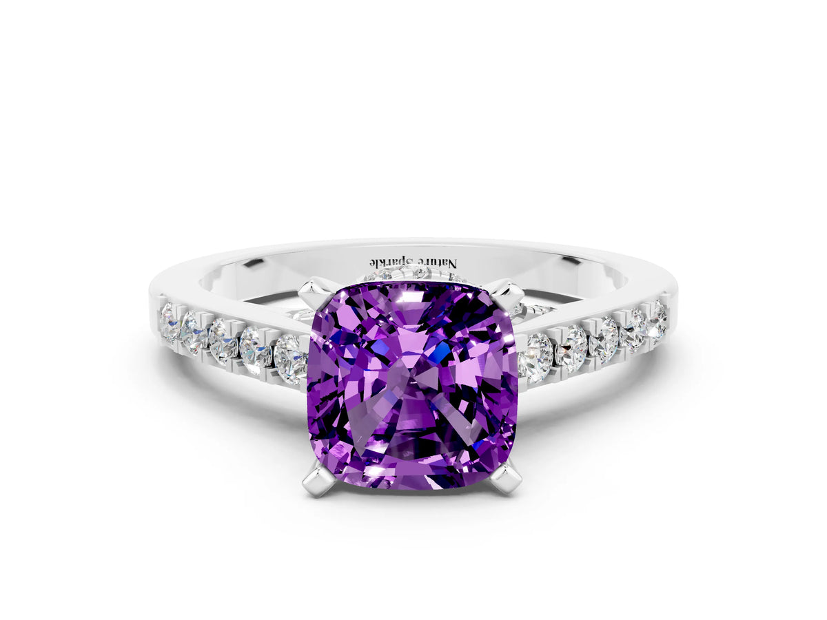 Cushion Cut Amethyst Solitaire Ring in White gold with Crossover Gallery and Round Pavé Band
