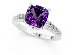Cushion Cut Amethyst Solitaire Ring in White gold with Crossover Gallery and Round Pavé Band_1