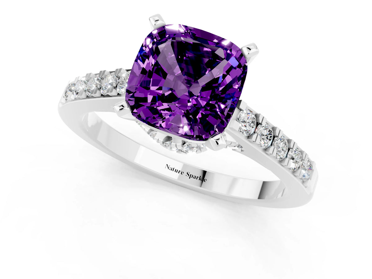 Cushion Cut Amethyst Solitaire Ring in White gold with Crossover Gallery and Round Pavé Band_1