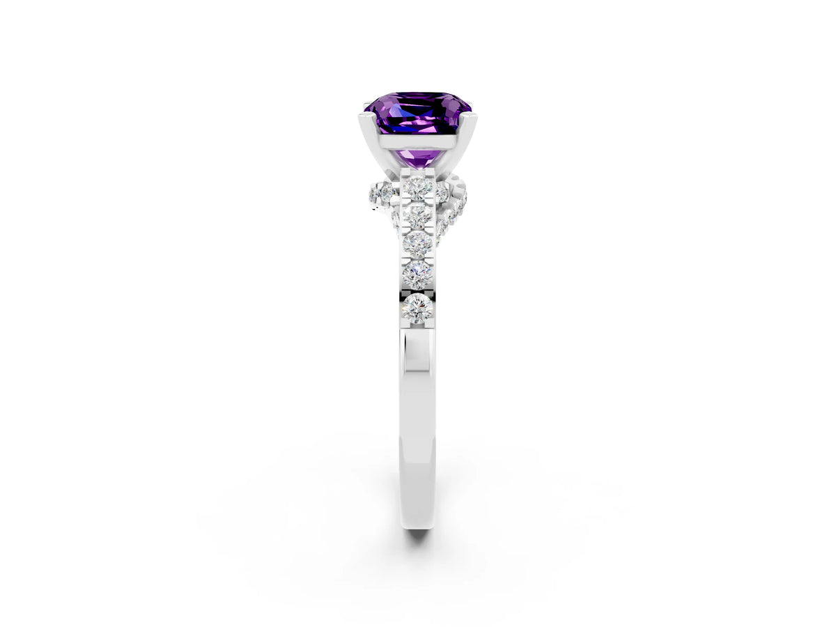 Cushion Cut Amethyst Solitaire Ring in White gold with Crossover Gallery and Round Pavé Band_2