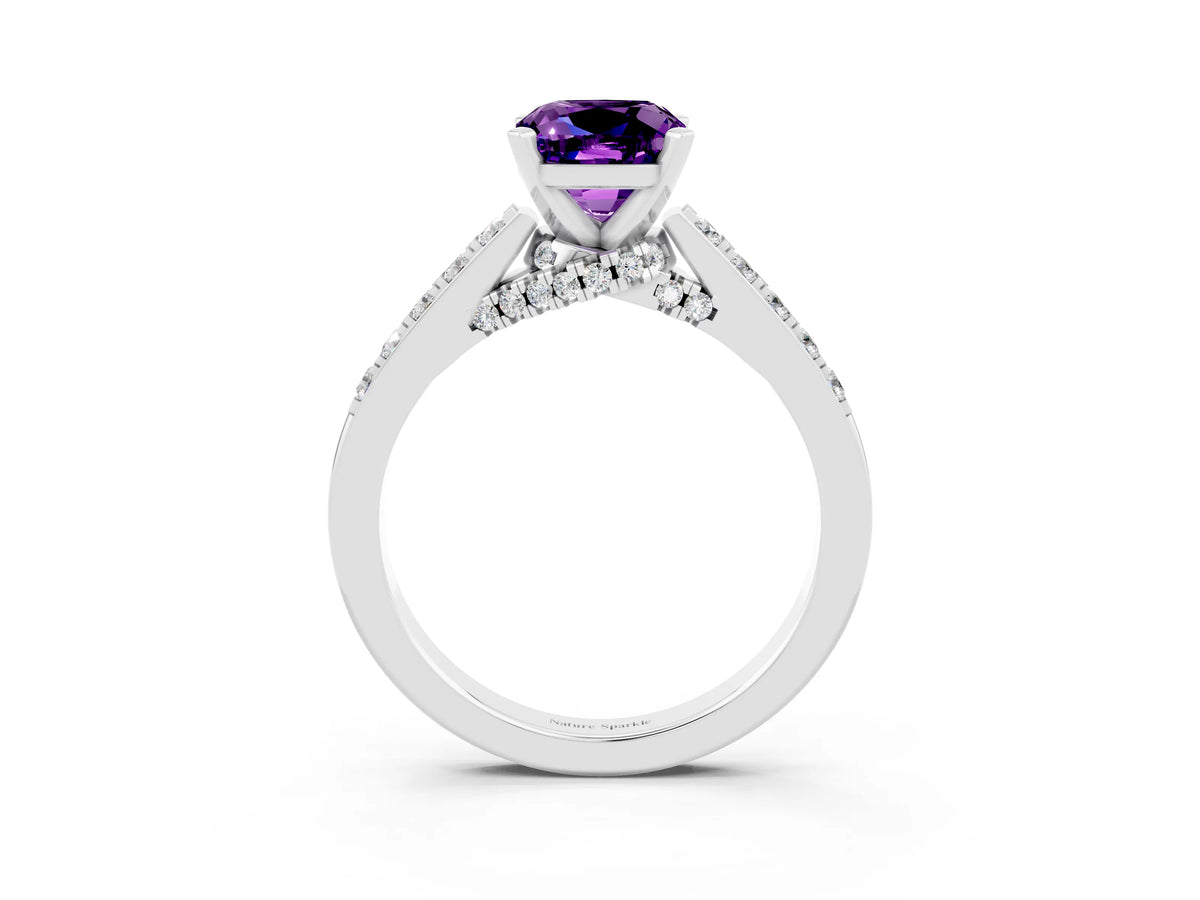 Cushion Cut Amethyst Solitaire Ring in White gold with Crossover Gallery and Round Pavé Band_3
