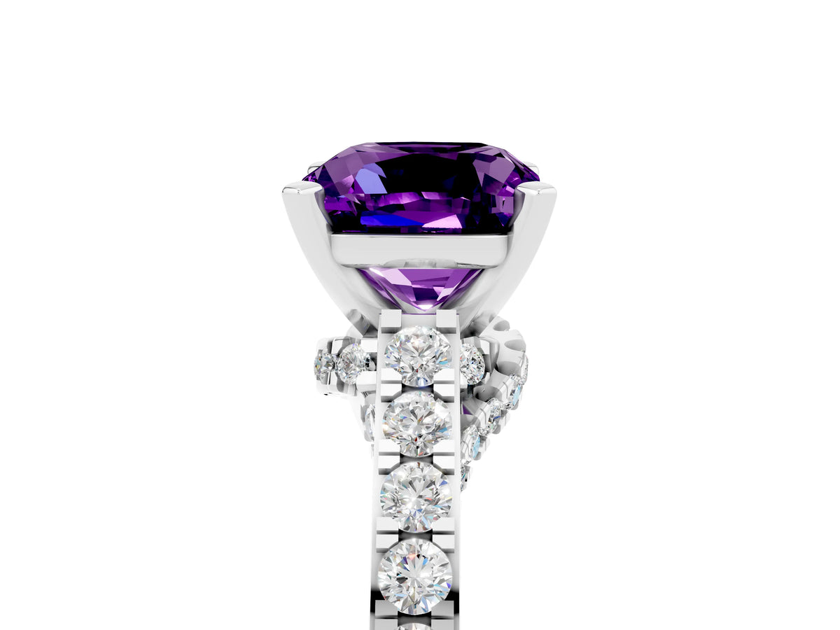 Cushion Cut Amethyst Solitaire Ring in White gold with Crossover Gallery and Round Pavé Band_5
