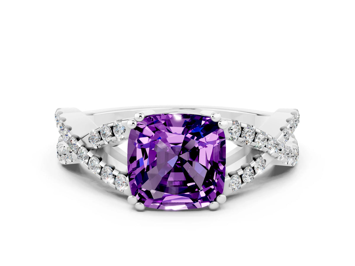 Cushion Cut Amethyst Solitaire Ring in White gold with Interwoven Pavé Band and Prong Setting