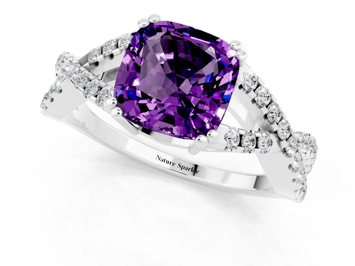 Cushion Cut Amethyst Solitaire Ring in White gold with Interwoven Pavé Band and Prong Setting_1