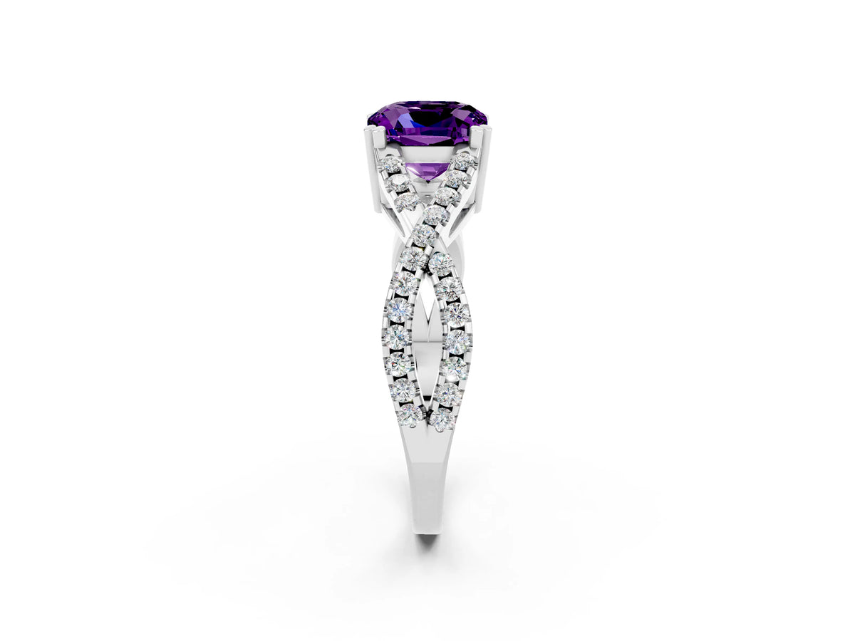 Cushion Cut Amethyst Solitaire Ring in White gold with Interwoven Pavé Band and Prong Setting_2