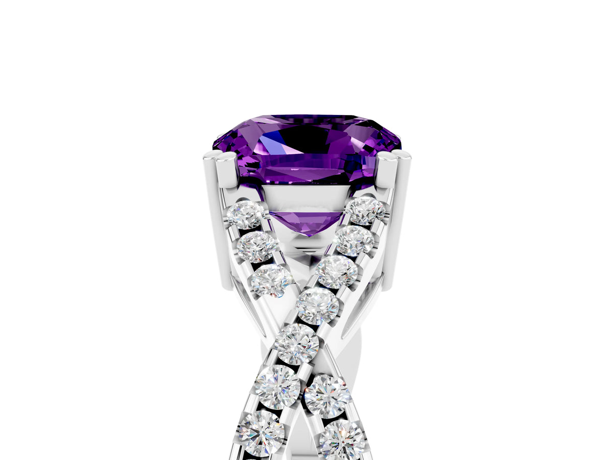 Cushion Cut Amethyst Solitaire Ring in White gold with Interwoven Pavé Band and Prong Setting_5