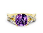Cushion Cut Amethyst Solitaire Ring in Yellow gold with Interwoven Pavé Band and Prong Setting