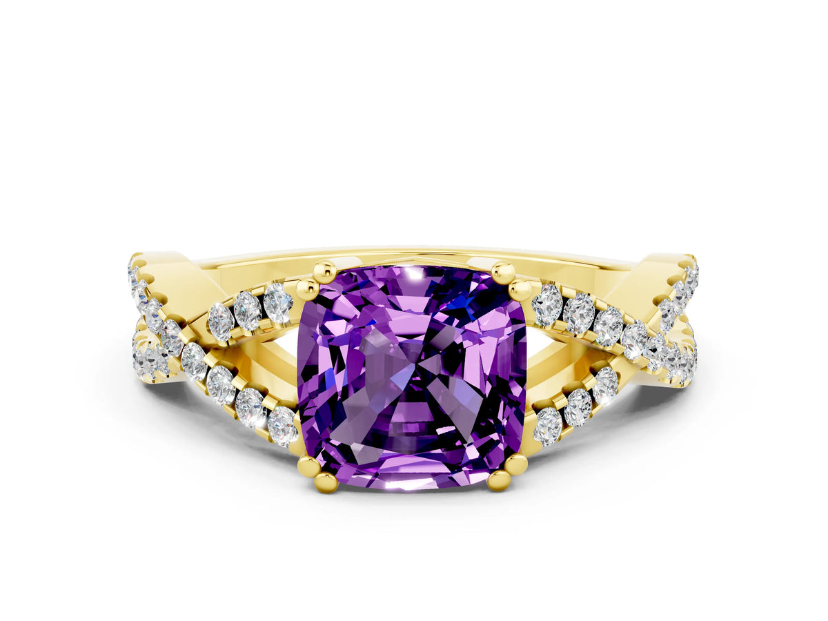 Cushion Cut Amethyst Solitaire Ring in Yellow gold with Interwoven Pavé Band and Prong Setting