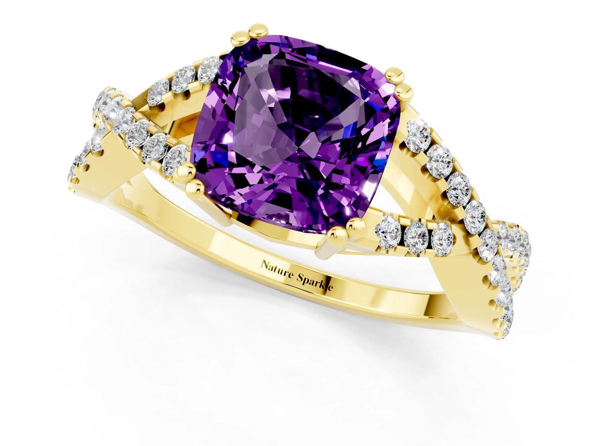 Cushion Cut Amethyst Solitaire Ring in Yellow gold with Interwoven Pavé Band and Prong Setting_1