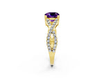 Cushion Cut Amethyst Solitaire Ring in Yellow gold with Interwoven Pavé Band and Prong Setting_2
