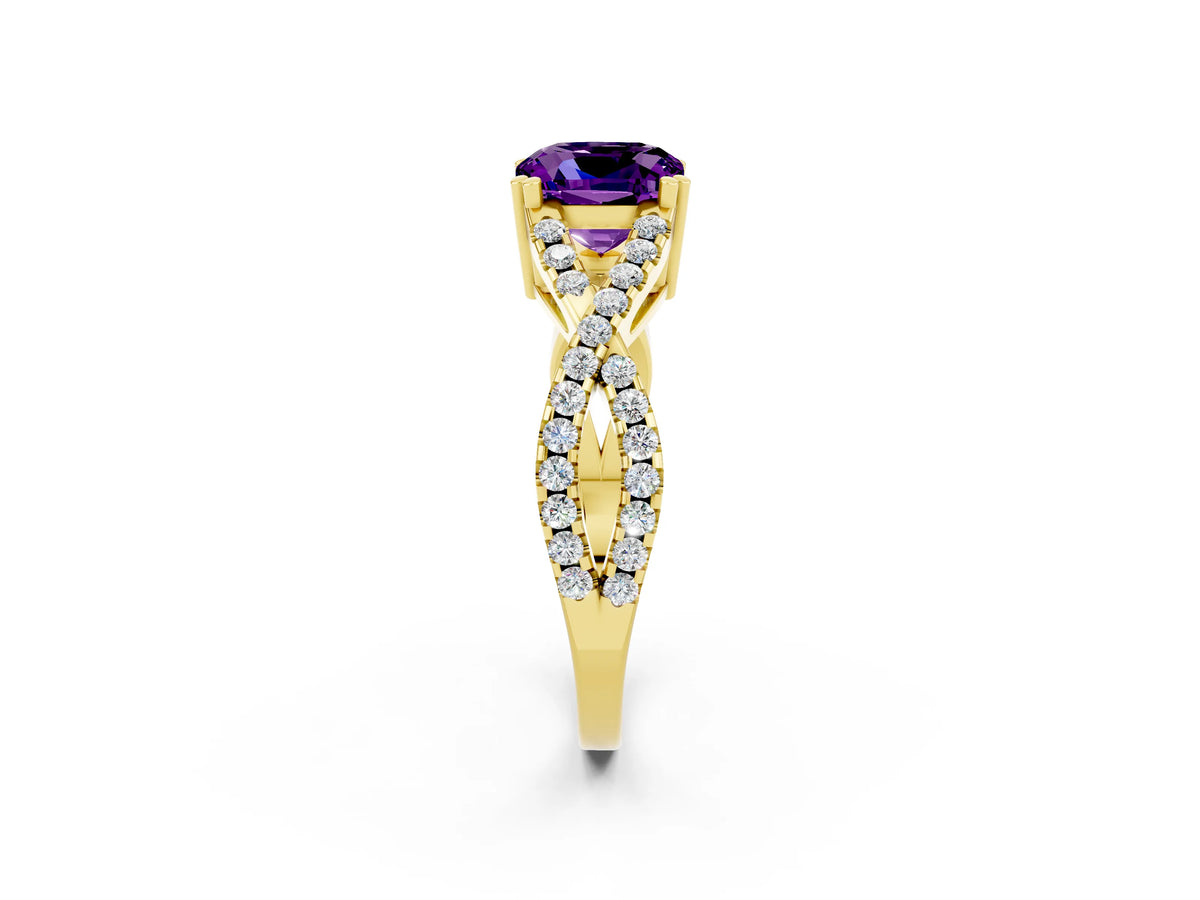 Cushion Cut Amethyst Solitaire Ring in Yellow gold with Interwoven Pavé Band and Prong Setting_2