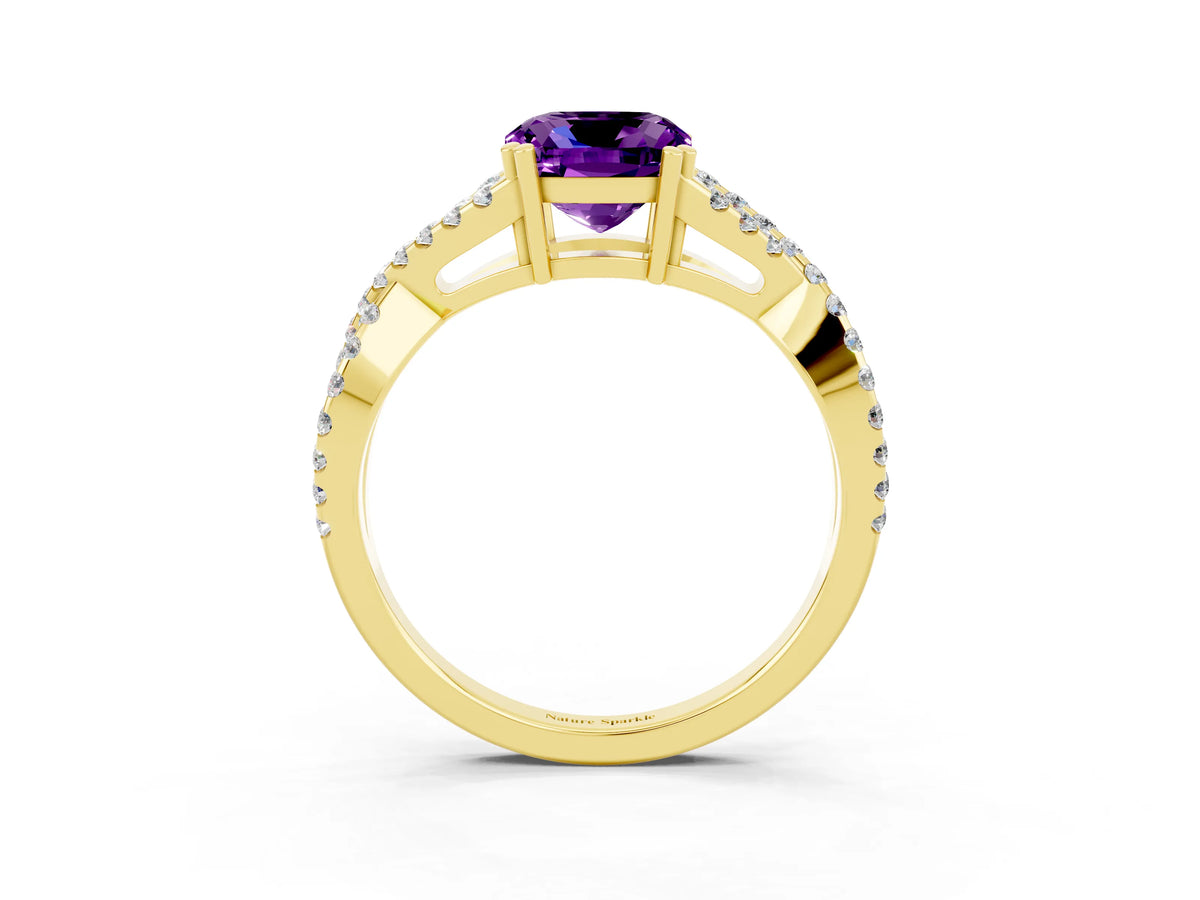 Cushion Cut Amethyst Solitaire Ring in Yellow gold with Interwoven Pavé Band and Prong Setting_3