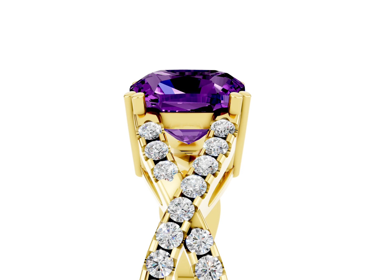 Cushion Cut Amethyst Solitaire Ring in Yellow gold with Interwoven Pavé Band and Prong Setting_5