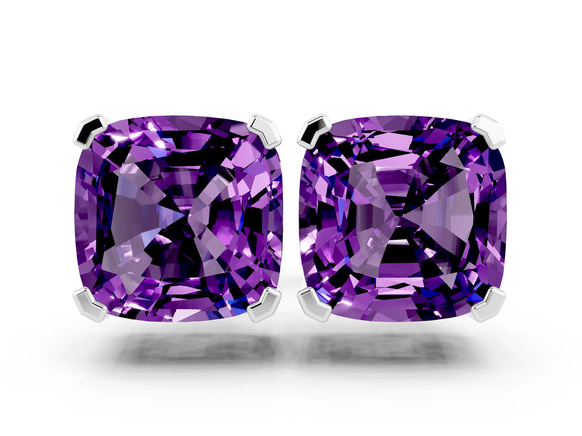 Cushion Cut Amethyst Stud Earrings in Silver with Basket Setting