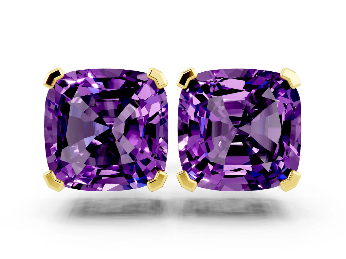 Cushion Cut Amethyst Stud Earrings in Yellow gold with Basket Setting