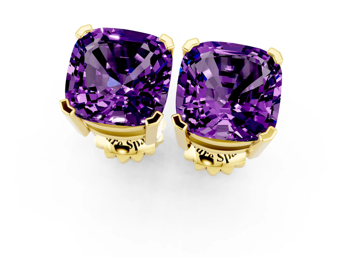 Cushion Cut Amethyst Stud Earrings in Yellow gold with Basket Setting_1