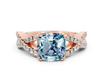 Cushion Cut Aquamarine Solitaire Ring in Rose gold with Interwoven Pavé Band and Prong Setting