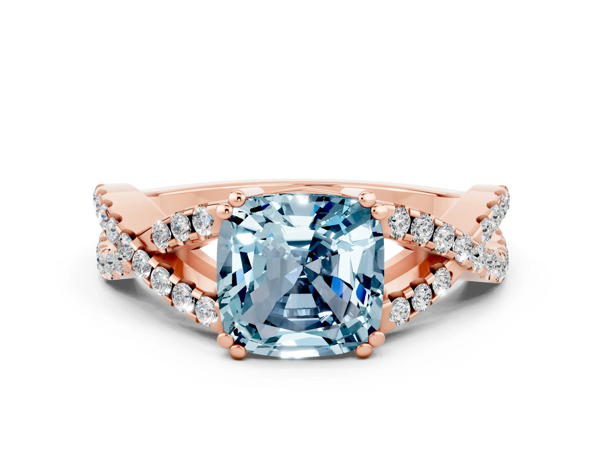 Cushion Cut Aquamarine Solitaire Ring in Rose gold with Interwoven Pavé Band and Prong Setting