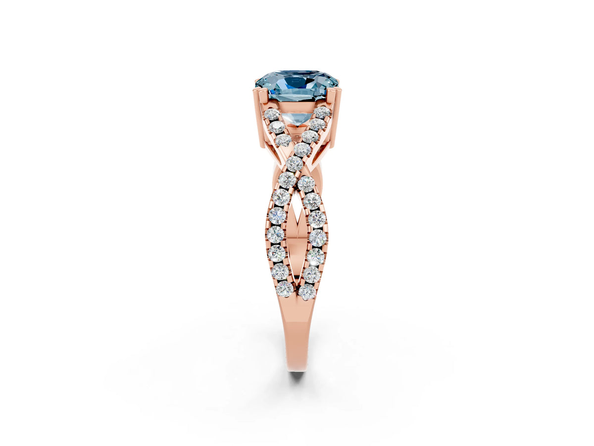 Cushion Cut Aquamarine Solitaire Ring in Rose gold with Interwoven Pavé Band and Prong Setting_2