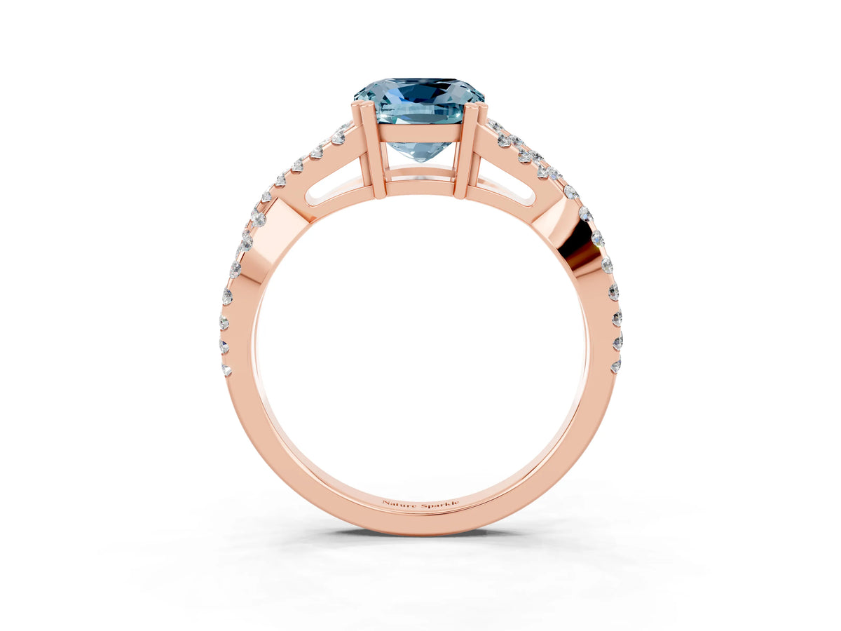 Cushion Cut Aquamarine Solitaire Ring in Rose gold with Interwoven Pavé Band and Prong Setting_3