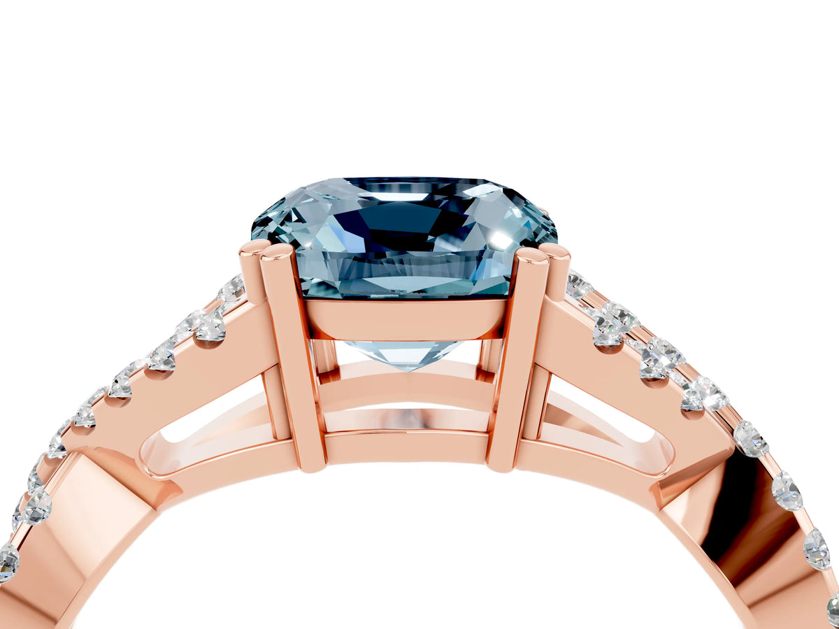 Cushion Cut Aquamarine Solitaire Ring in Rose gold with Interwoven Pavé Band and Prong Setting_4