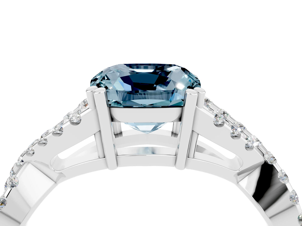 Cushion Cut Aquamarine Solitaire Ring in Silver with Interwoven Pavé Band and Prong Setting_10