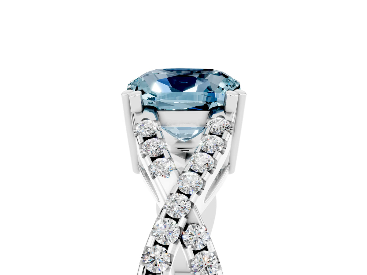 Cushion Cut Aquamarine Solitaire Ring in Silver with Interwoven Pavé Band and Prong Setting_11