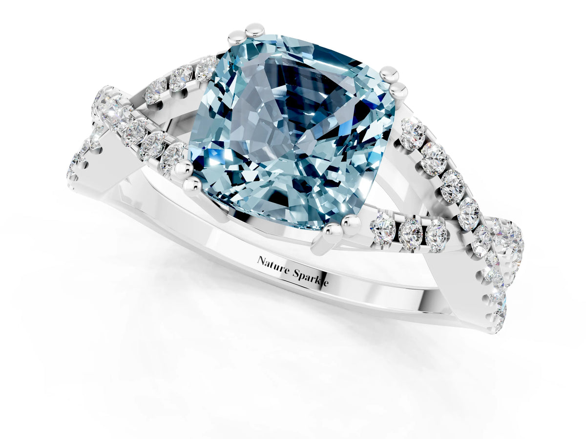 Cushion Cut Aquamarine Solitaire Ring in Silver with Interwoven Pavé Band and Prong Setting_7