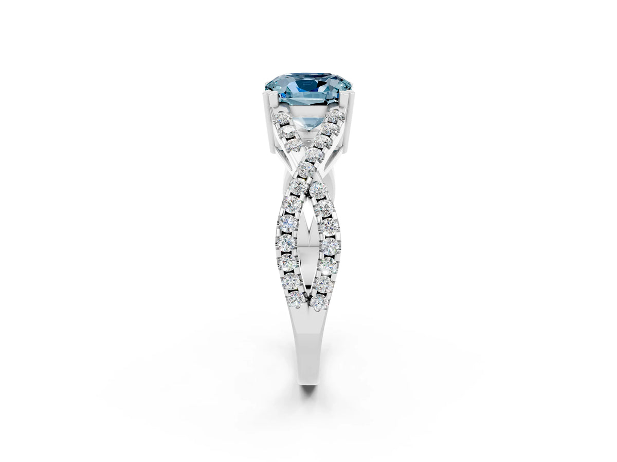 Cushion Cut Aquamarine Solitaire Ring in Silver with Interwoven Pavé Band and Prong Setting_8