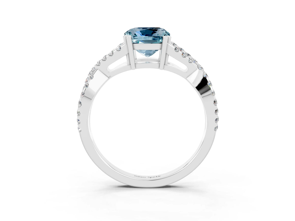 Cushion Cut Aquamarine Solitaire Ring in Silver with Interwoven Pavé Band and Prong Setting_9