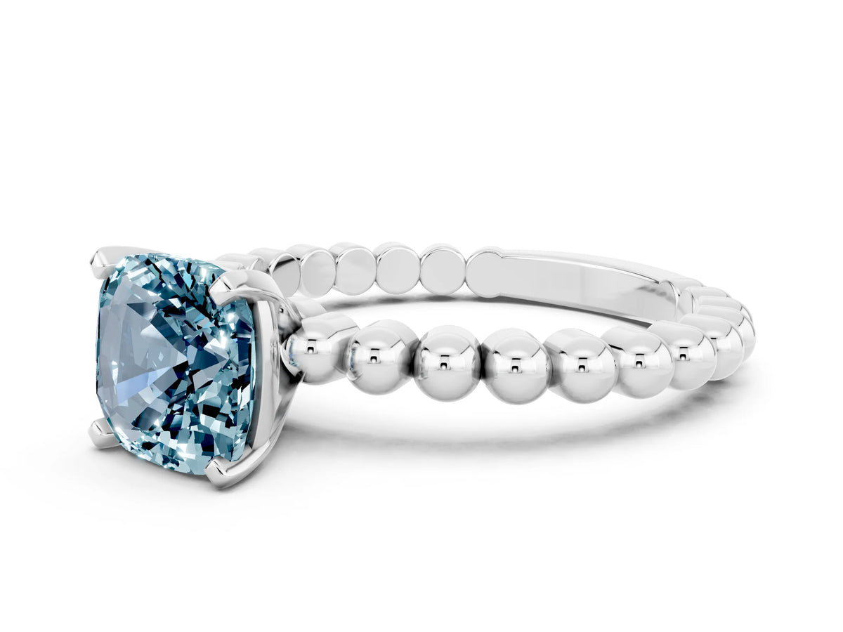 Cushion Cut Aquamarine Solitaire Ring in Silver with Textured Beaded Band and Prong Setting
