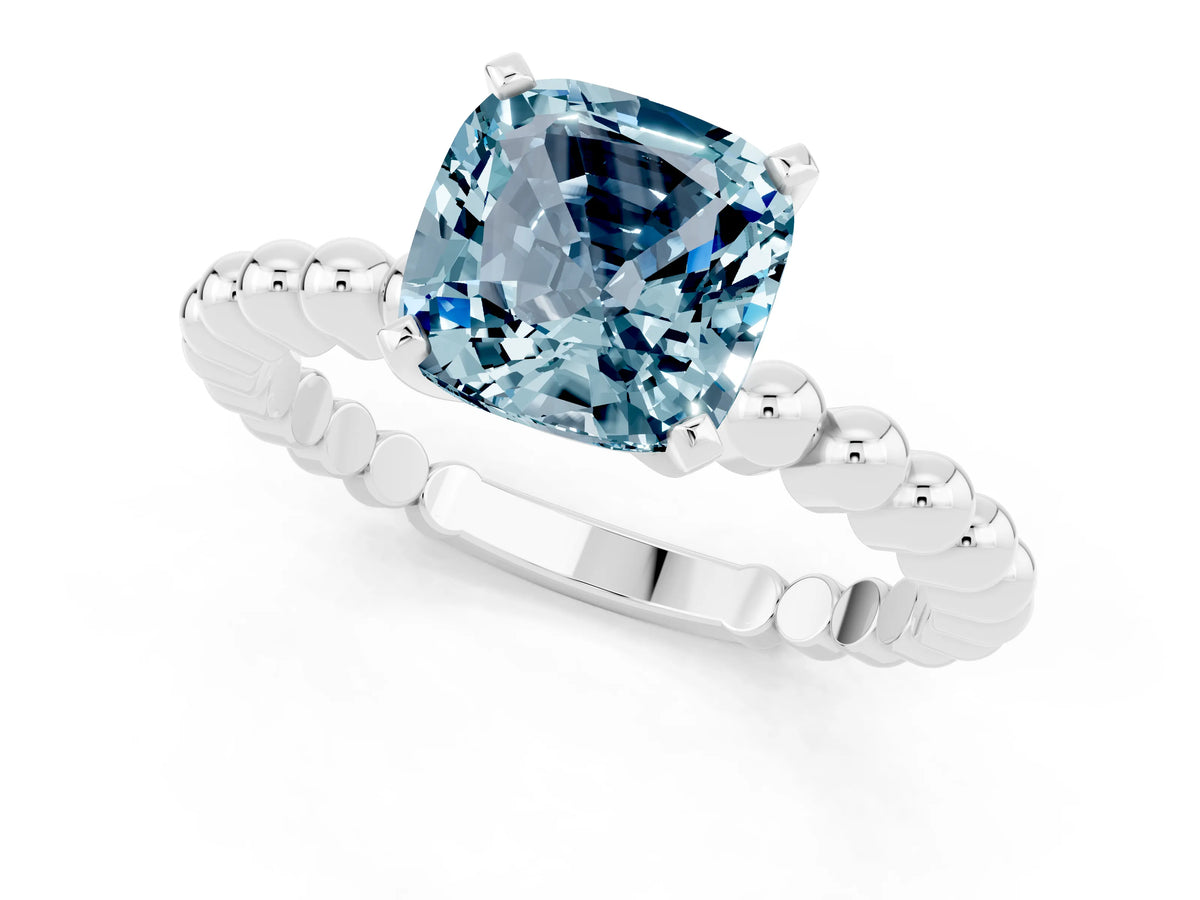 Cushion Cut Aquamarine Solitaire Ring in Silver with Textured Beaded Band and Prong Setting_1