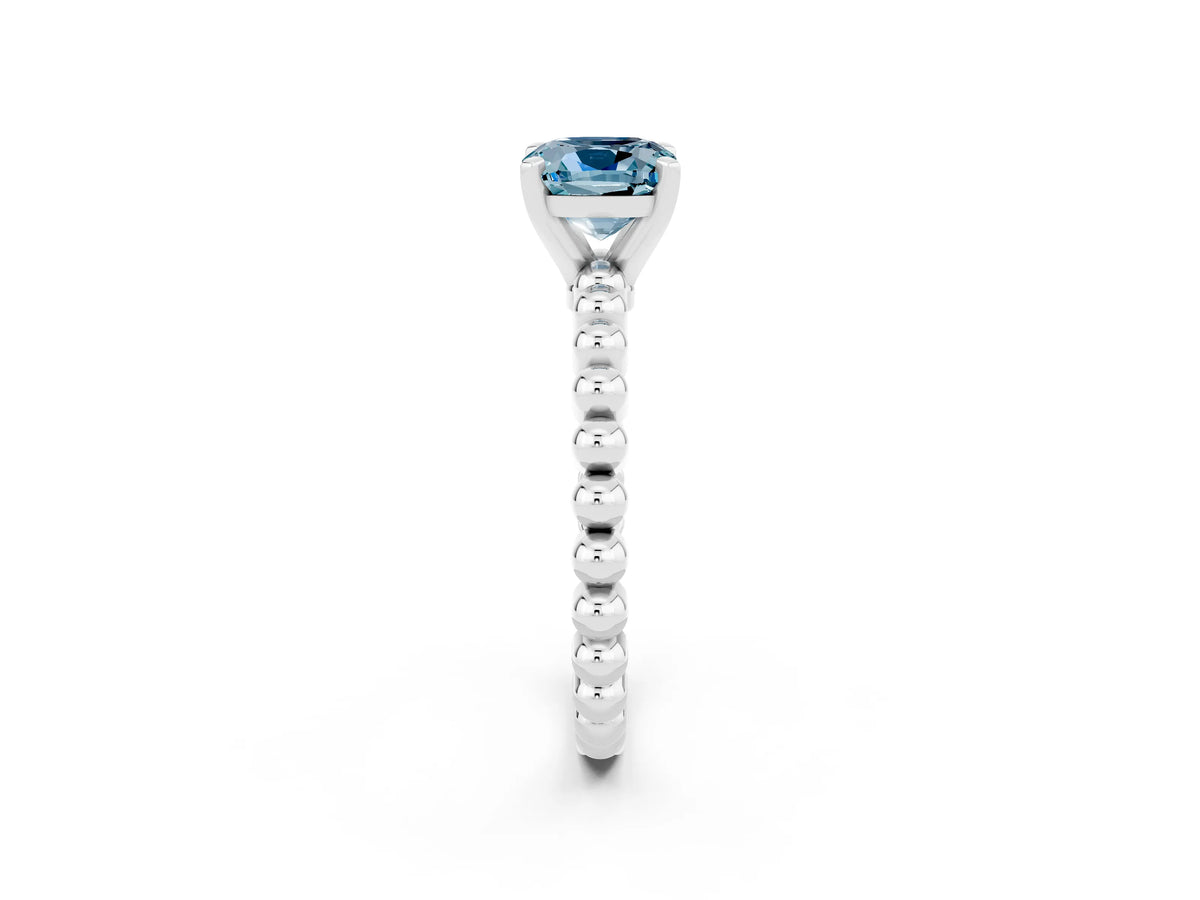 Cushion Cut Aquamarine Solitaire Ring in Silver with Textured Beaded Band and Prong Setting_2