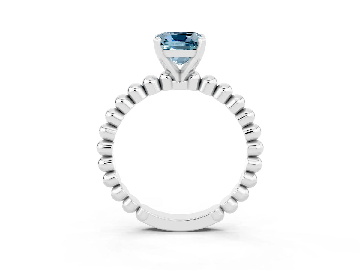 Cushion Cut Aquamarine Solitaire Ring in Silver with Textured Beaded Band and Prong Setting_3