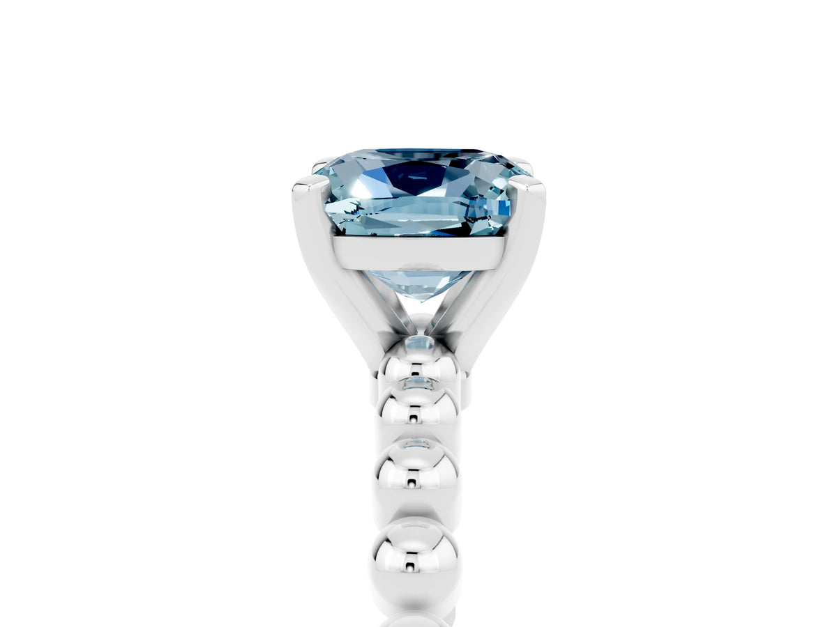 Cushion Cut Aquamarine Solitaire Ring in Silver with Textured Beaded Band and Prong Setting_5