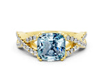 Cushion Cut Aquamarine Solitaire Ring in Yellow gold with Interwoven Pavé Band and Prong Setting