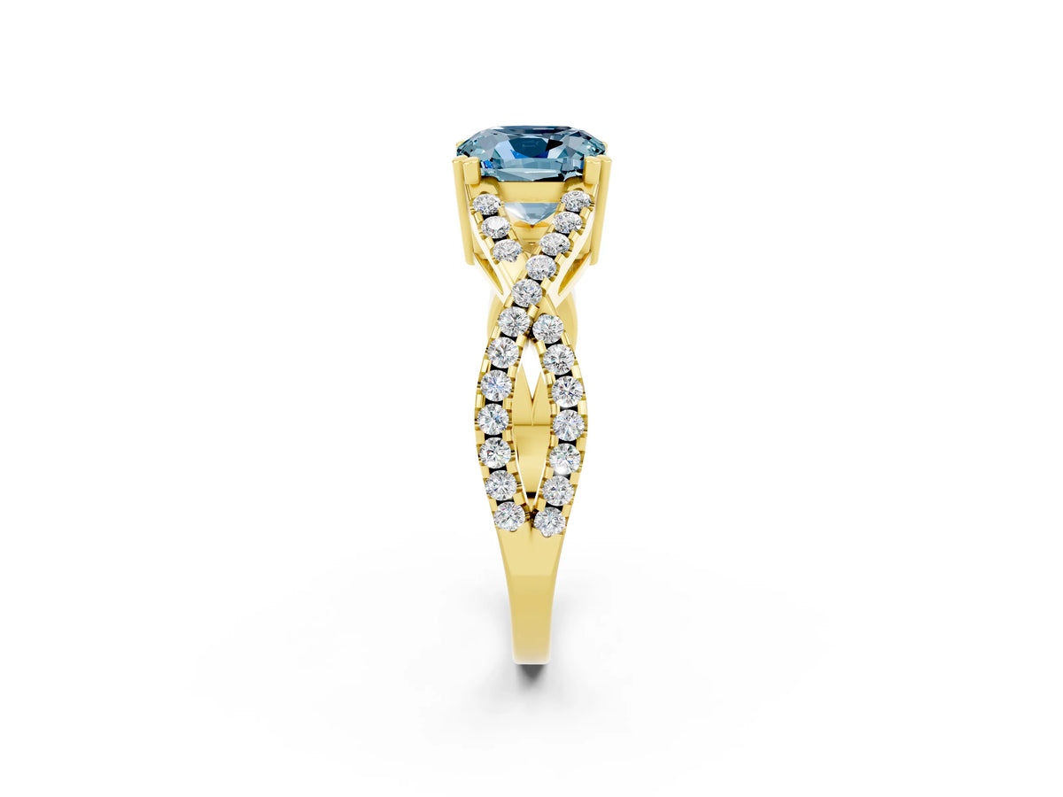 Cushion Cut Aquamarine Solitaire Ring in Yellow gold with Interwoven Pavé Band and Prong Setting_2