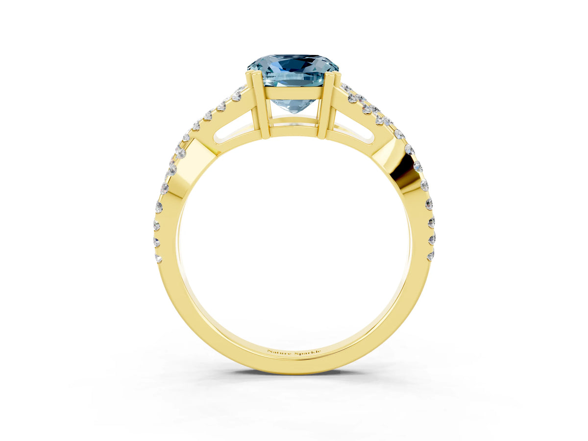 Cushion Cut Aquamarine Solitaire Ring in Yellow gold with Interwoven Pavé Band and Prong Setting_3