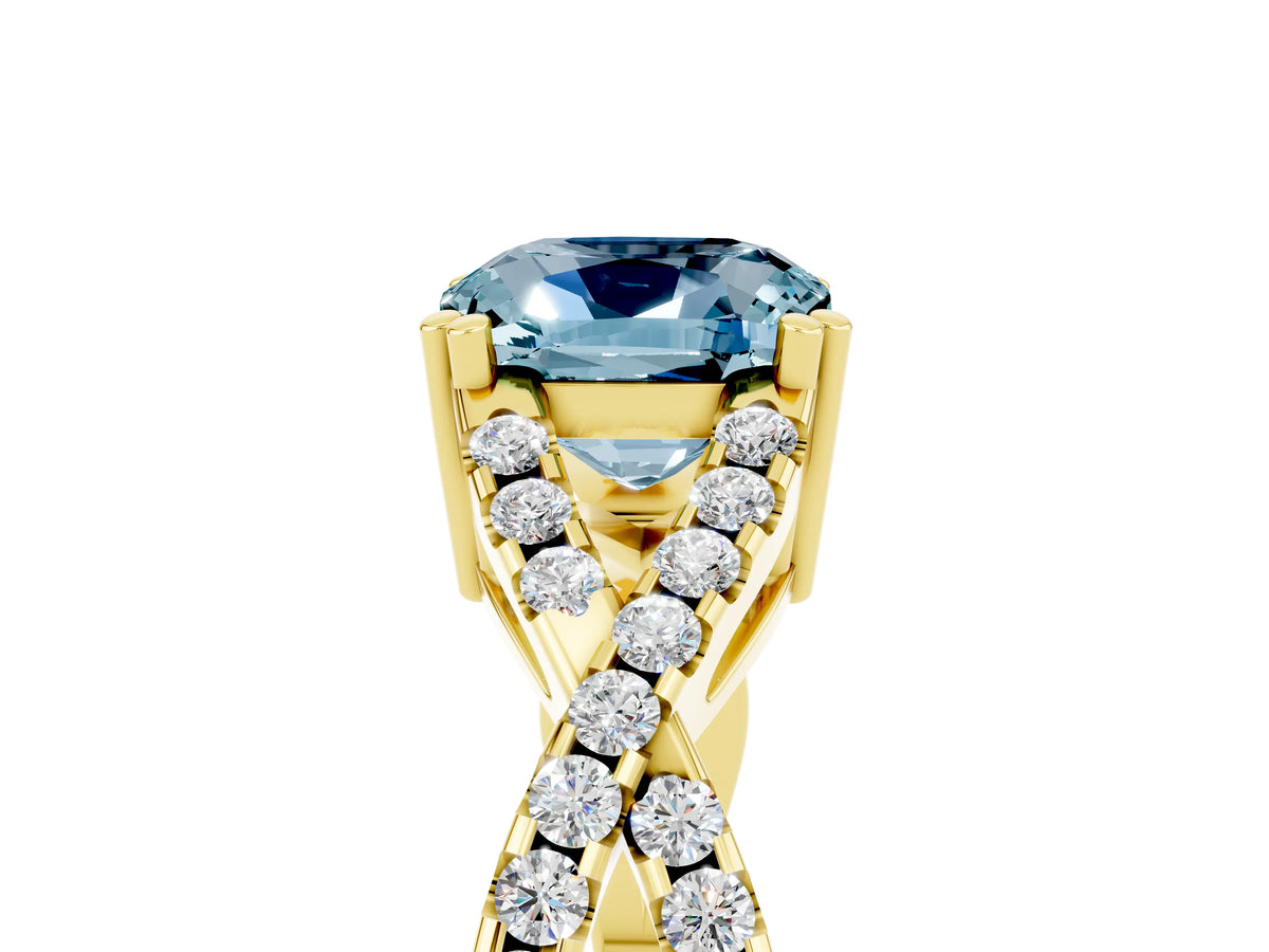 Cushion Cut Aquamarine Solitaire Ring in Yellow gold with Interwoven Pavé Band and Prong Setting_5