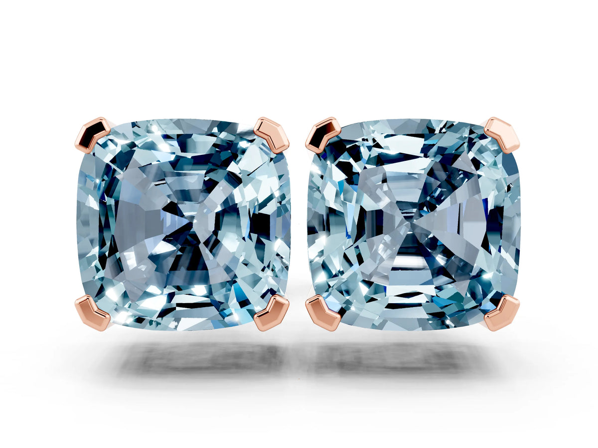 Cushion Cut Aquamarine Stud Earrings in Rose gold with Basket Setting