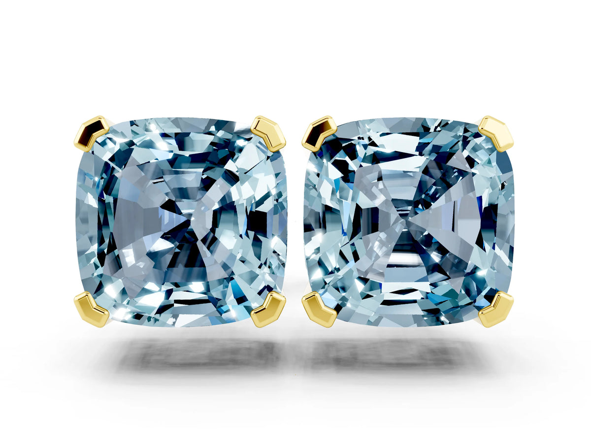 Cushion Cut Aquamarine Stud Earrings in Yellow gold with Basket Setting