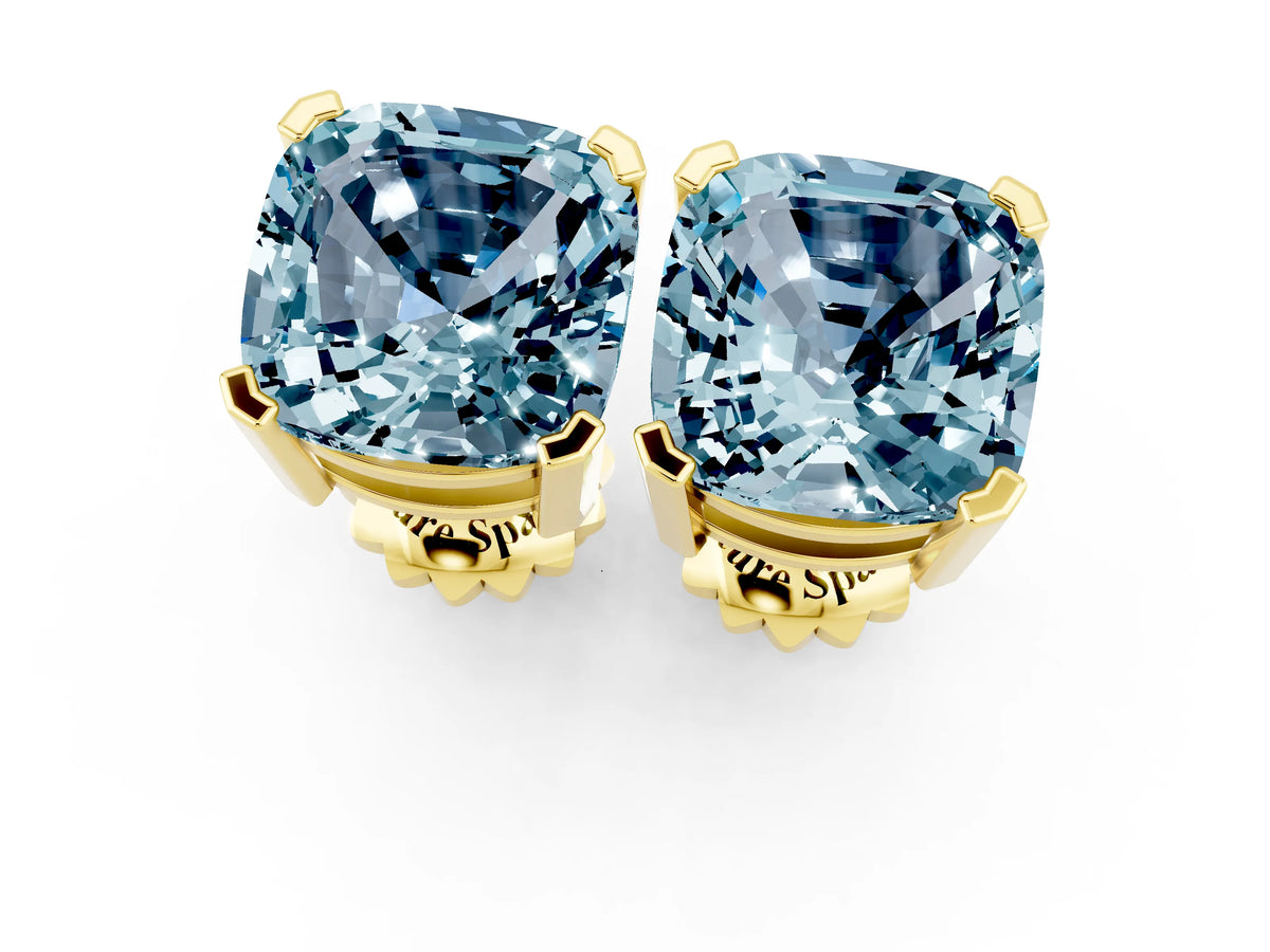 Cushion Cut Aquamarine Stud Earrings in Yellow gold with Basket Setting_1